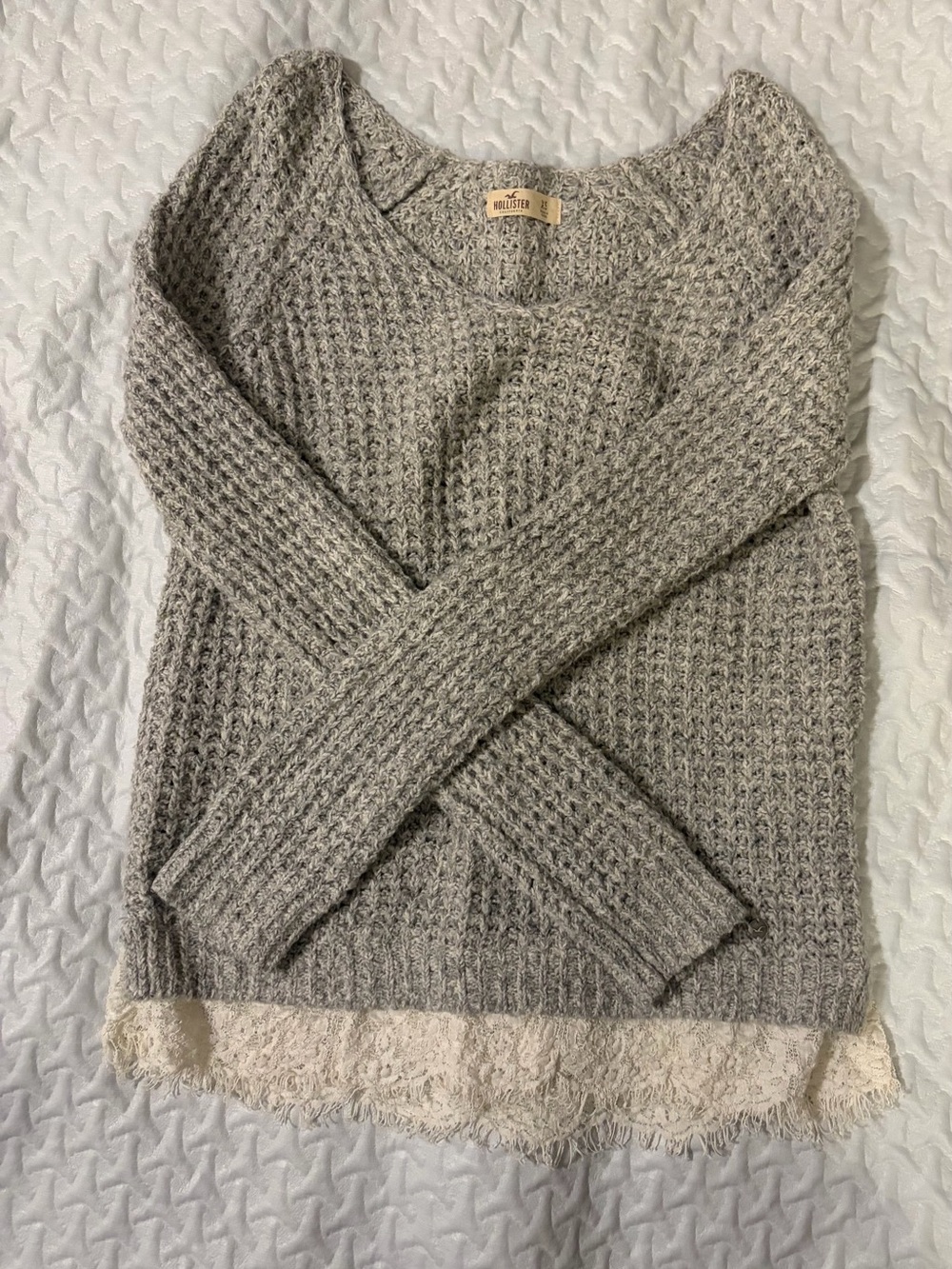 Hollister Gray Waffle-Knit Crew Sweater with Cream Lace Hem